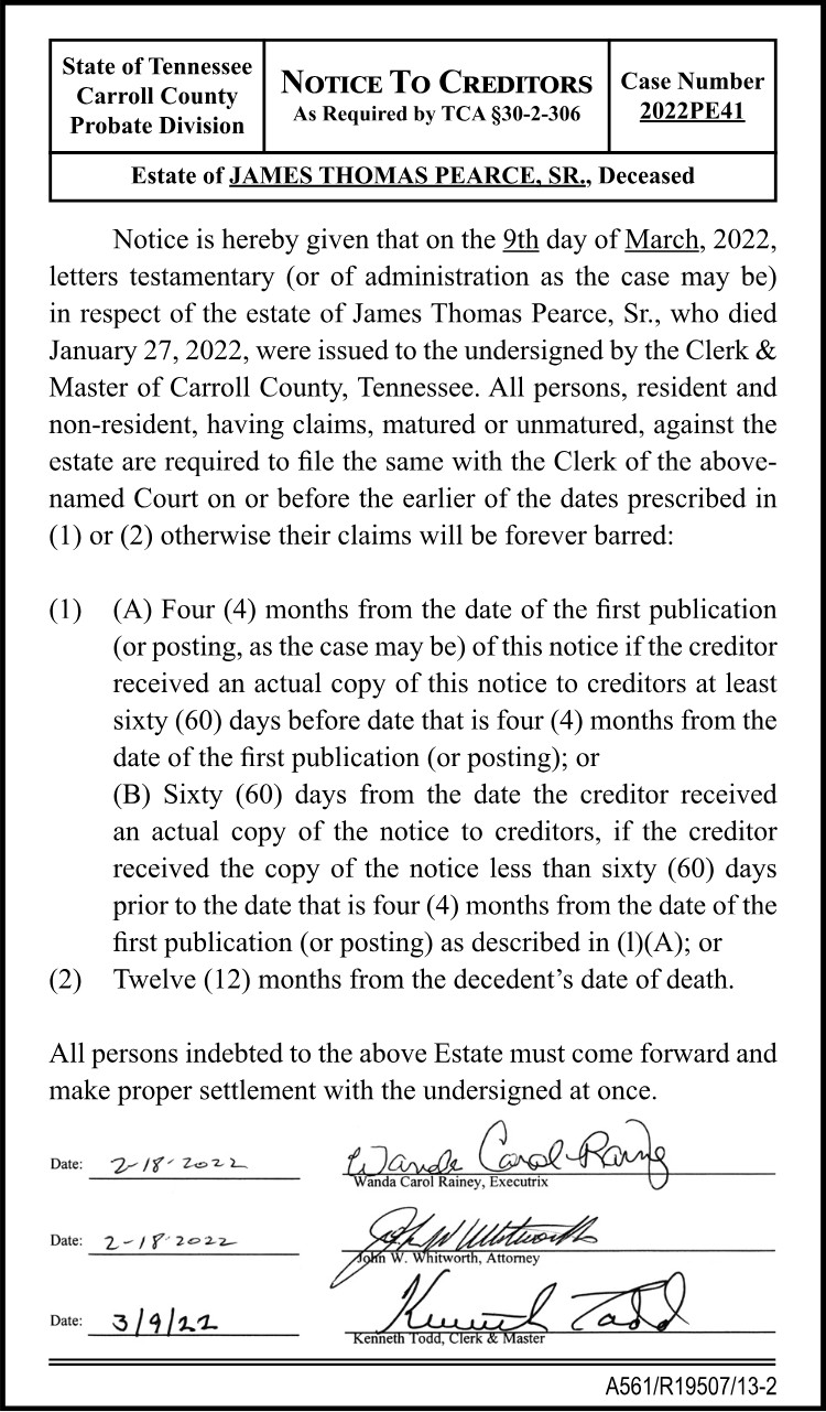 Notice to Creditors - PEARCE