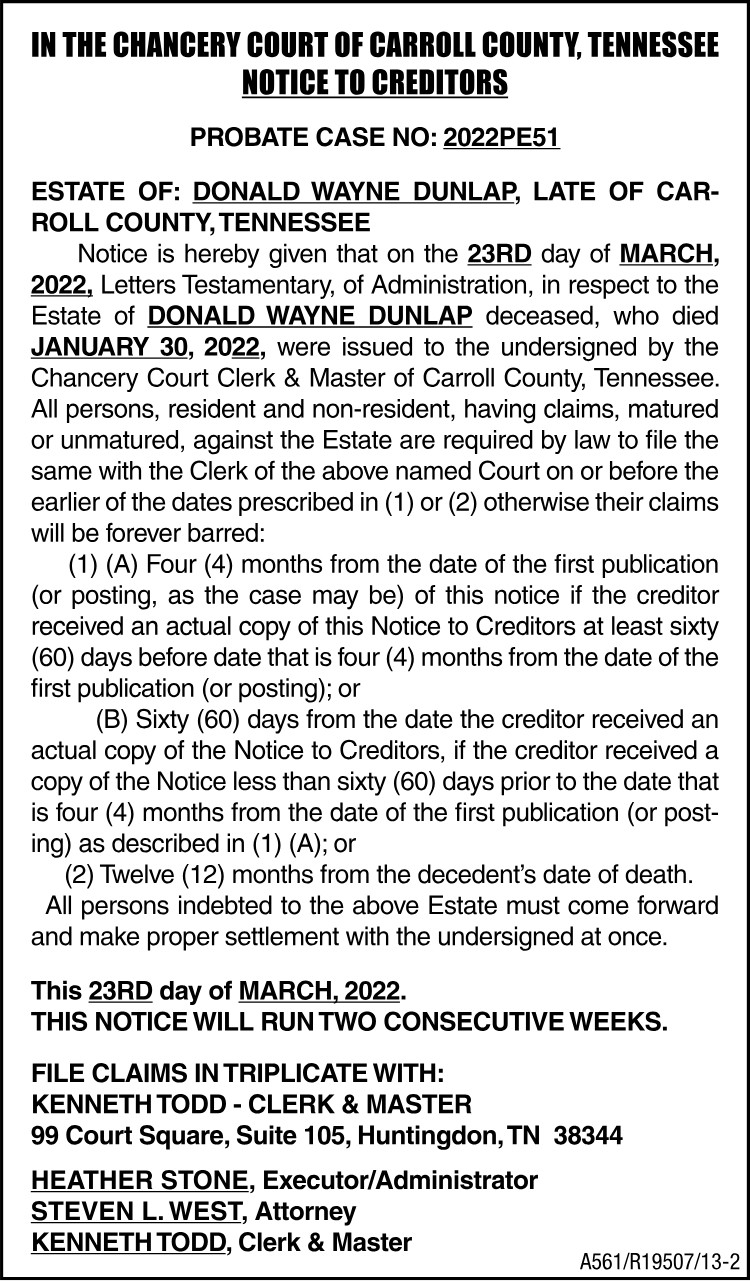 Notice to Creditors - DUNLAP