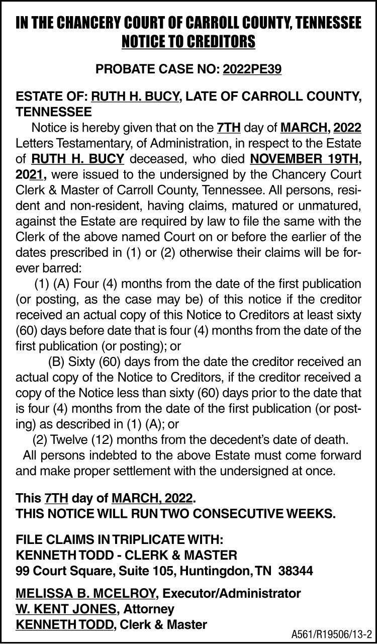 Notice to Creditors - BUCY