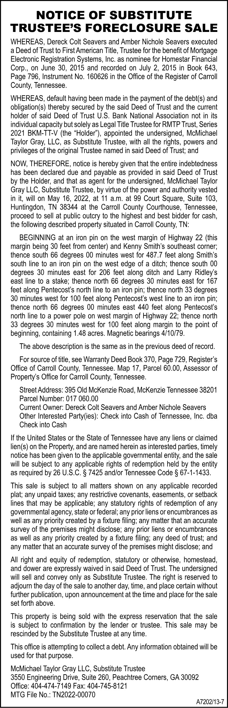 Notice of Substitute Trustee Sale - SEAVERS