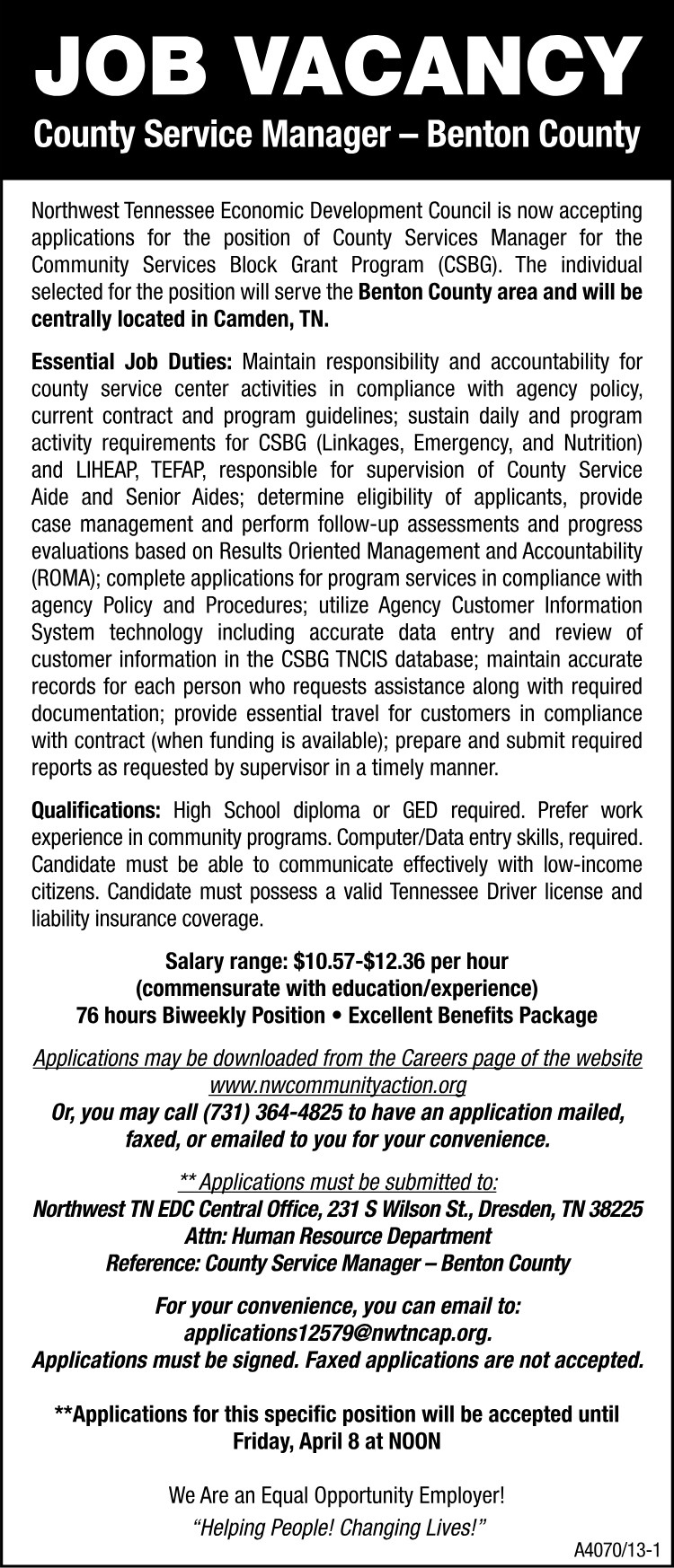 NWTN Economic Development Council - Job Vacancy County Service Manager