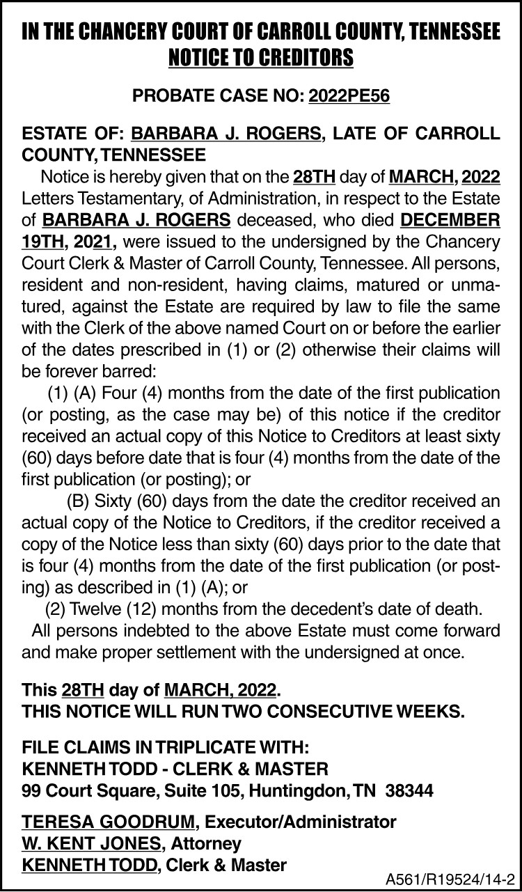 Notice to Creditors - ROGERS