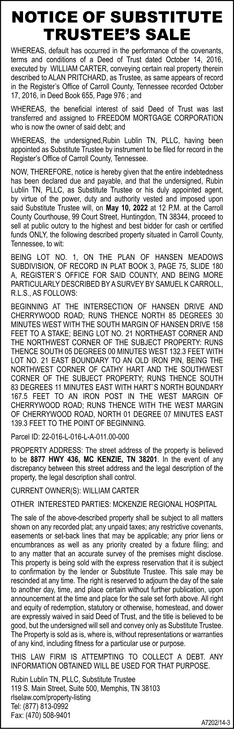 Notice of Substitute Trustee Sale - CARTER