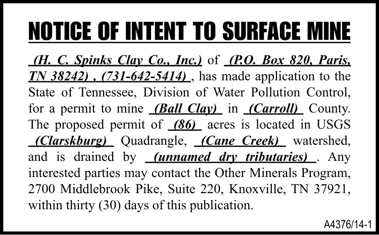 Notice of Intent to Surface Mine Spinks Clay