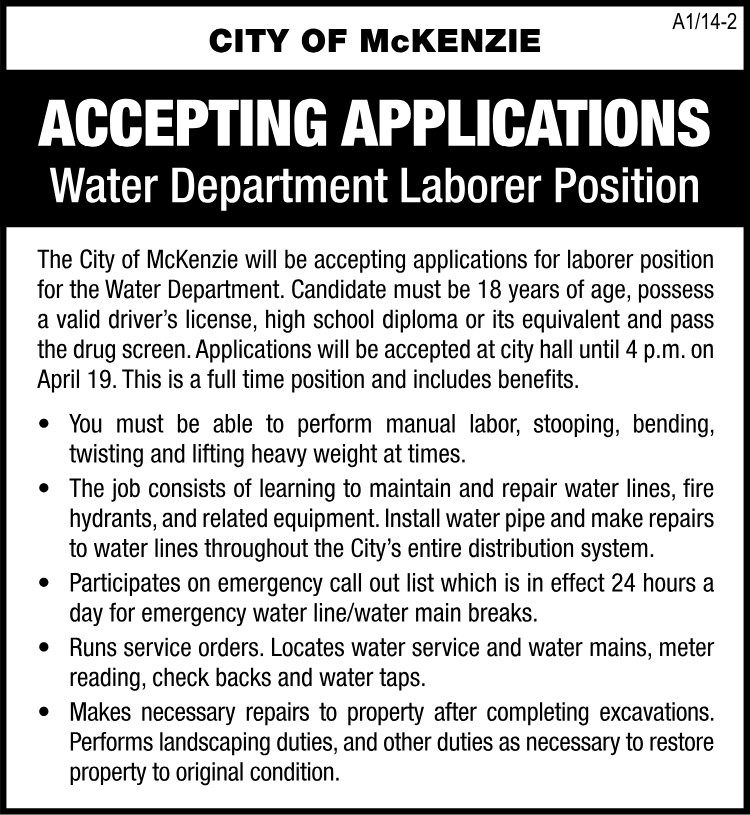 City of McKenzie - Hiring Water Dept Laborer