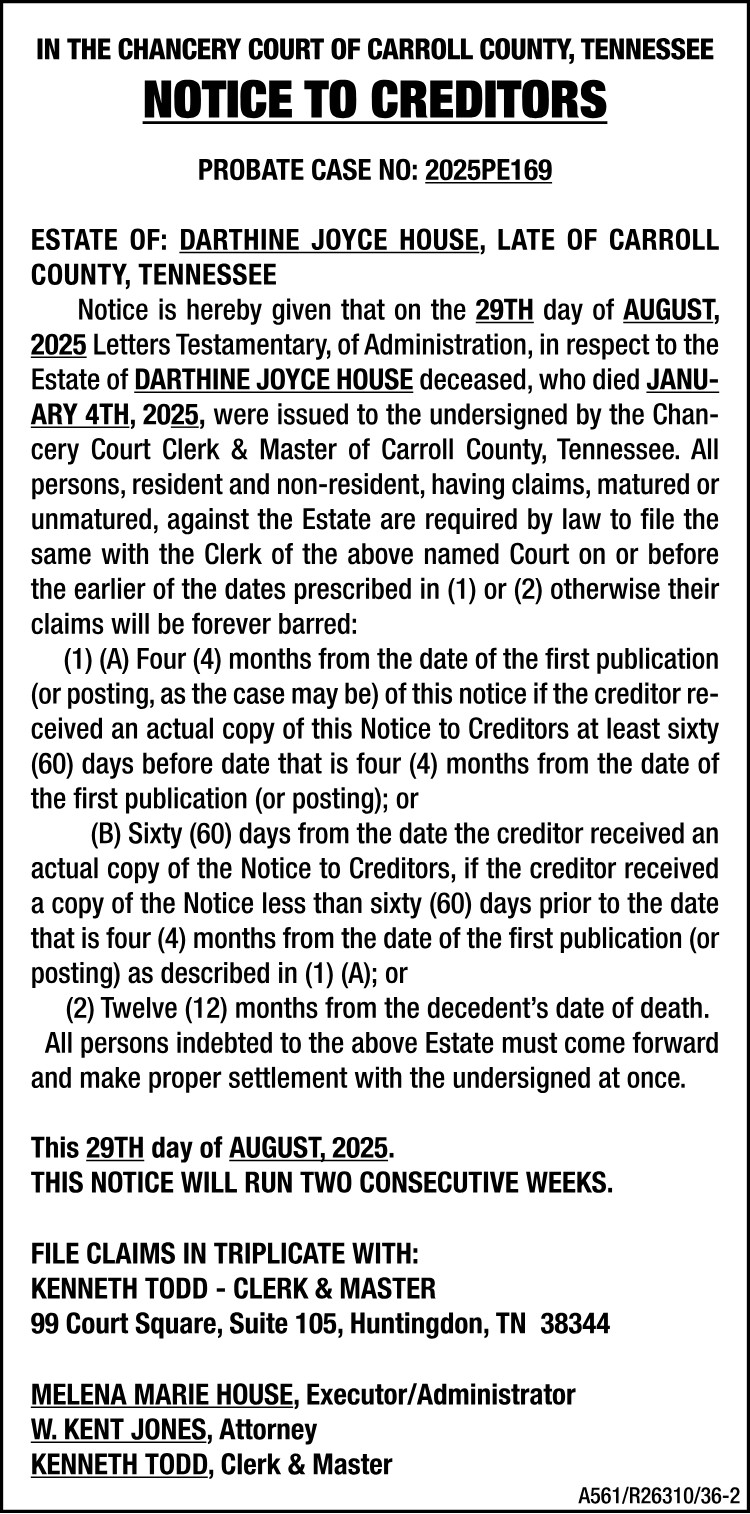 Notice to Creditors - HOUSE