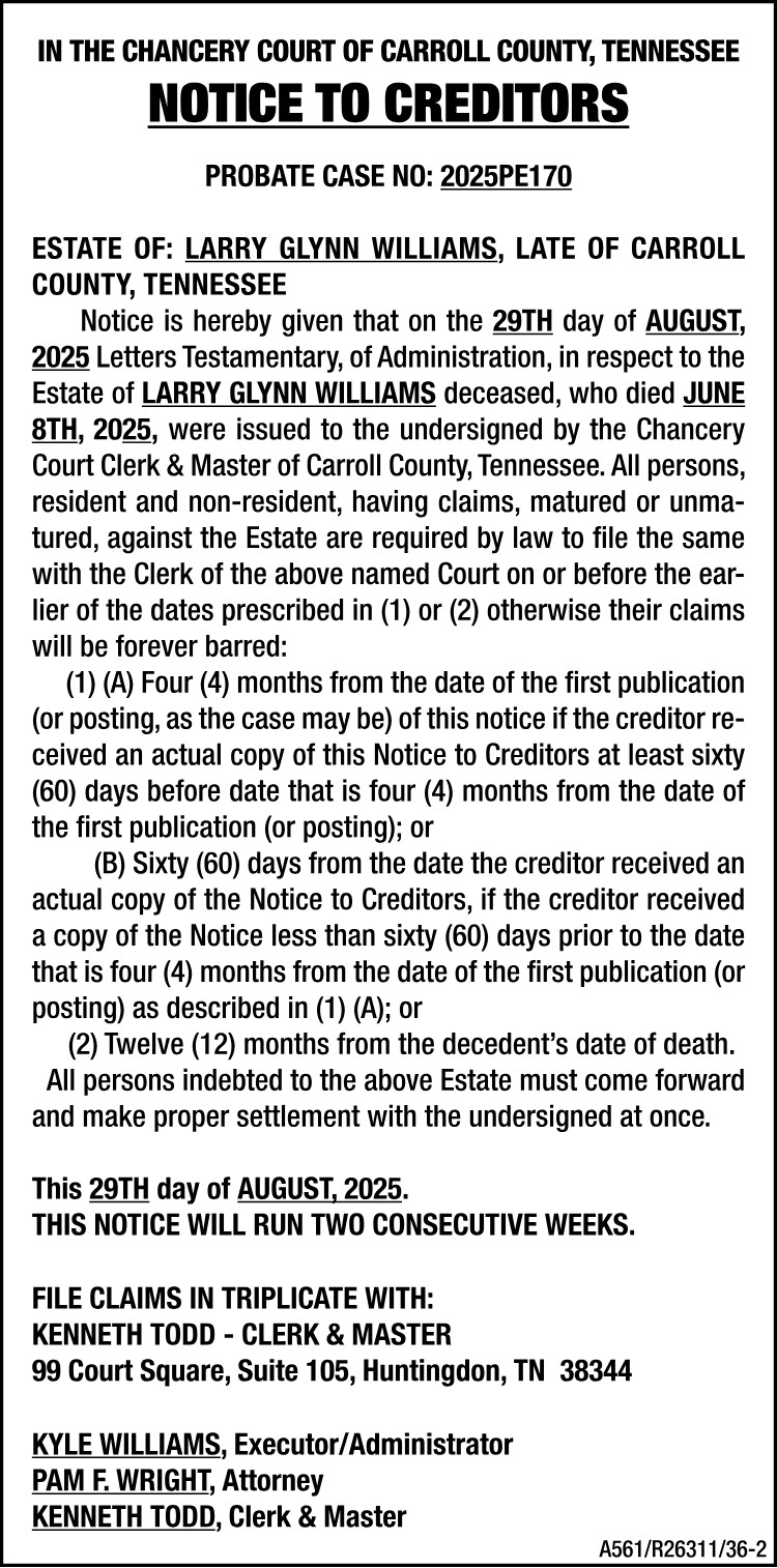 Notice to Creditors - WILLIAMS