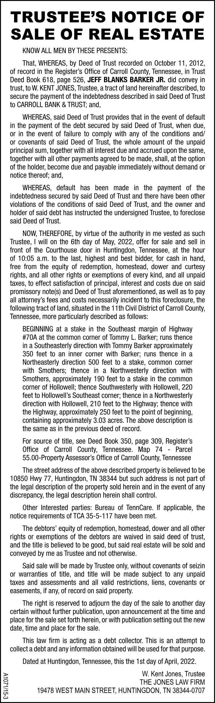 Notice of Substitute Trustee Sale of Real Estate - BARKER