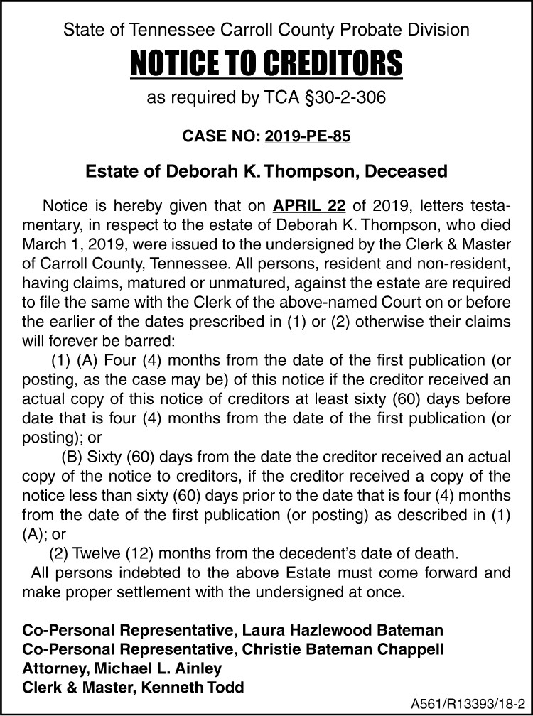 Notice to Creditors - THOMPSON