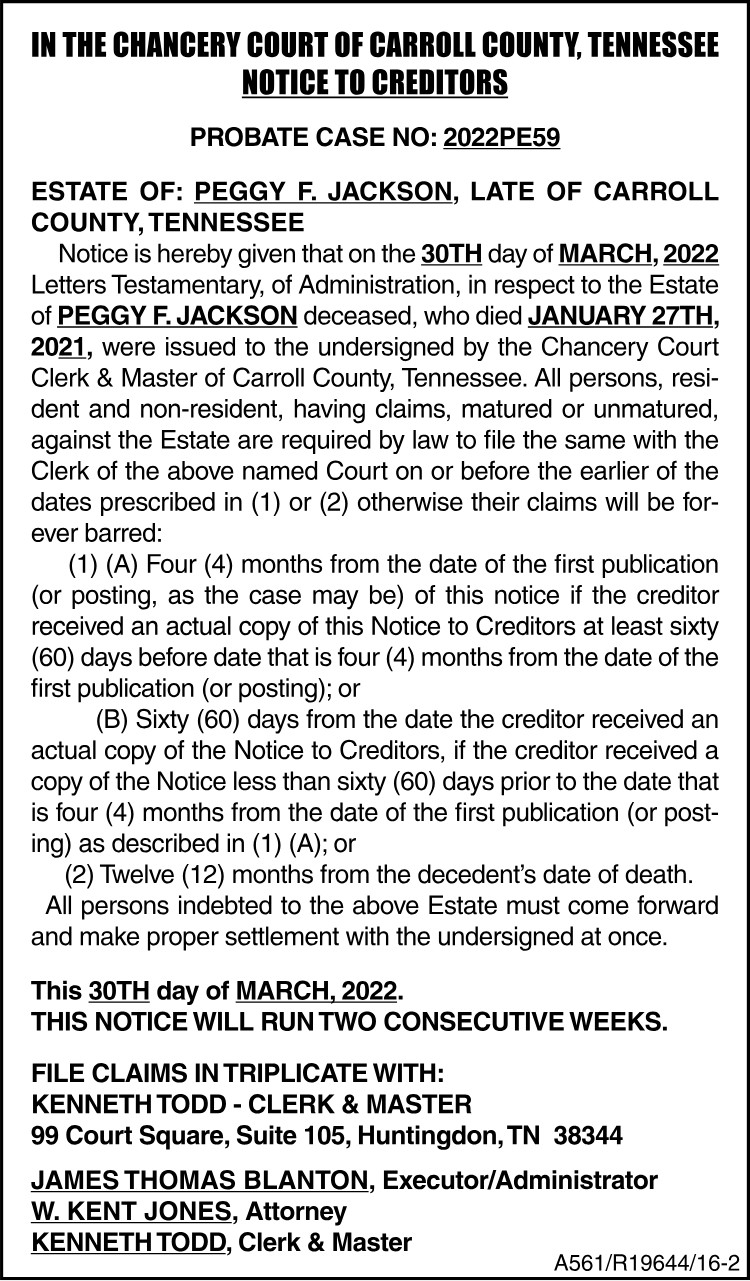 Notice to Creditors - JACKSON