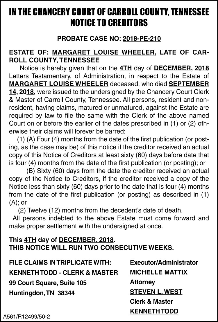 Notice to Creditors - WHEELER