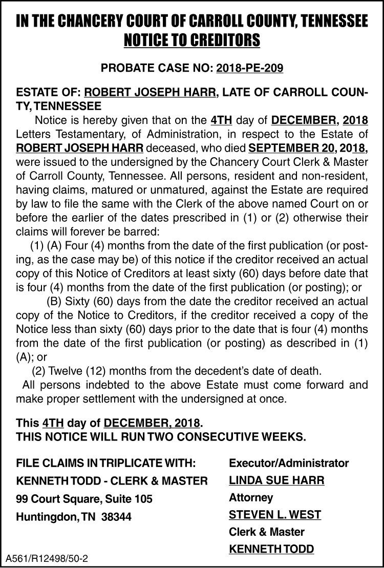 Notice to Creditors - HARR