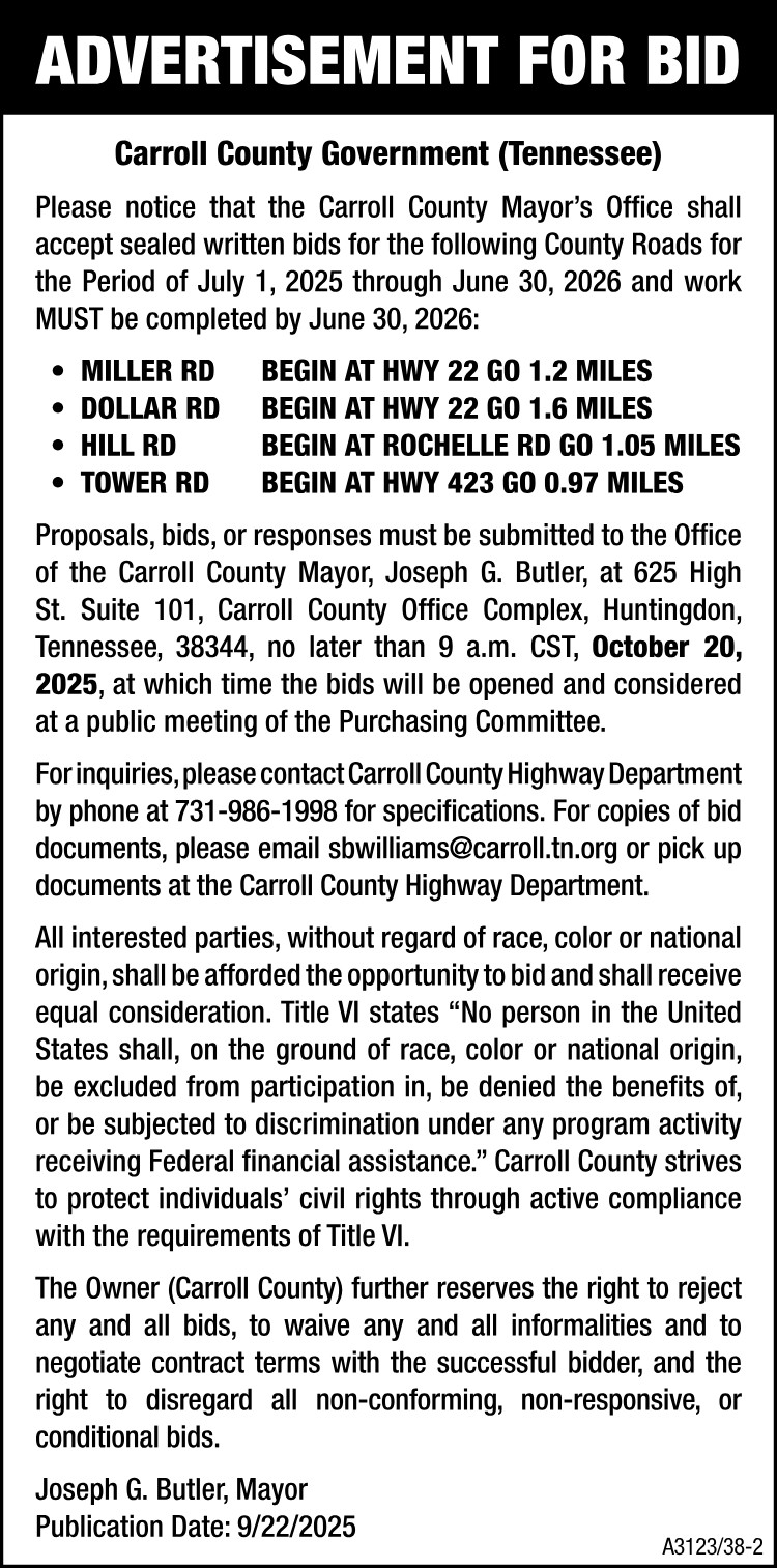 Advertisement for Bid - County Roads
