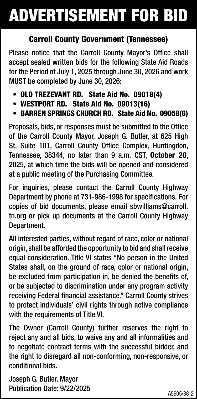 Advertisement for Bid - State Aid Roads