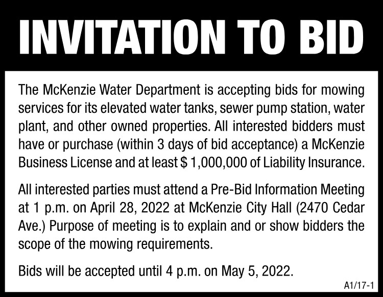 Invitation to Bid - McKenzie Water Dept. Mowing Bids