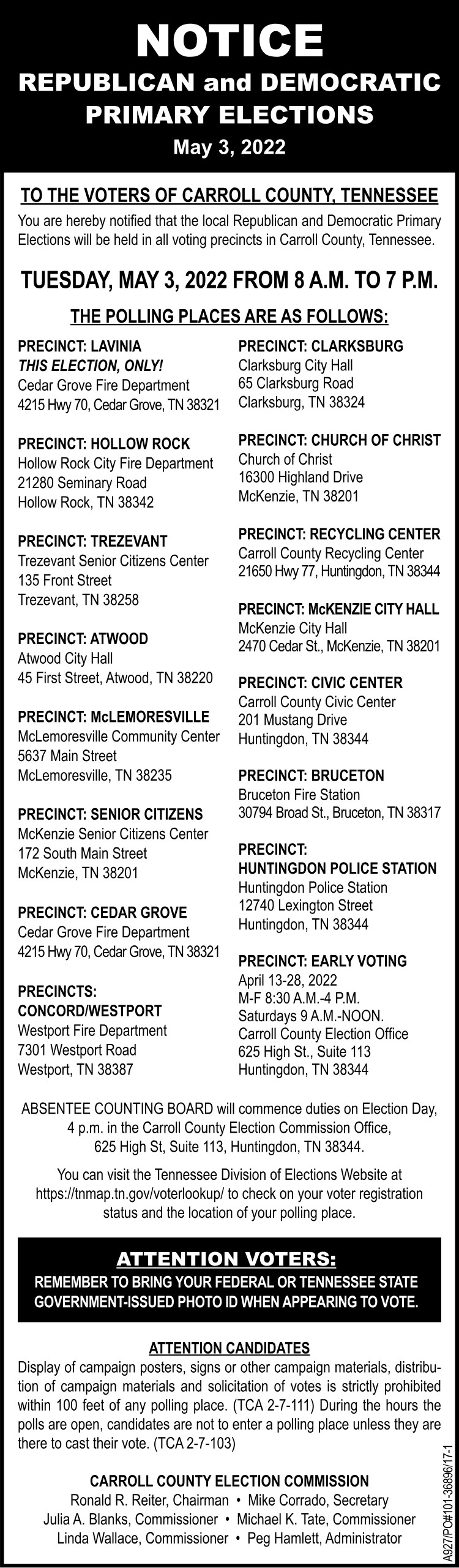Notice - Carroll Co Election Polling Places