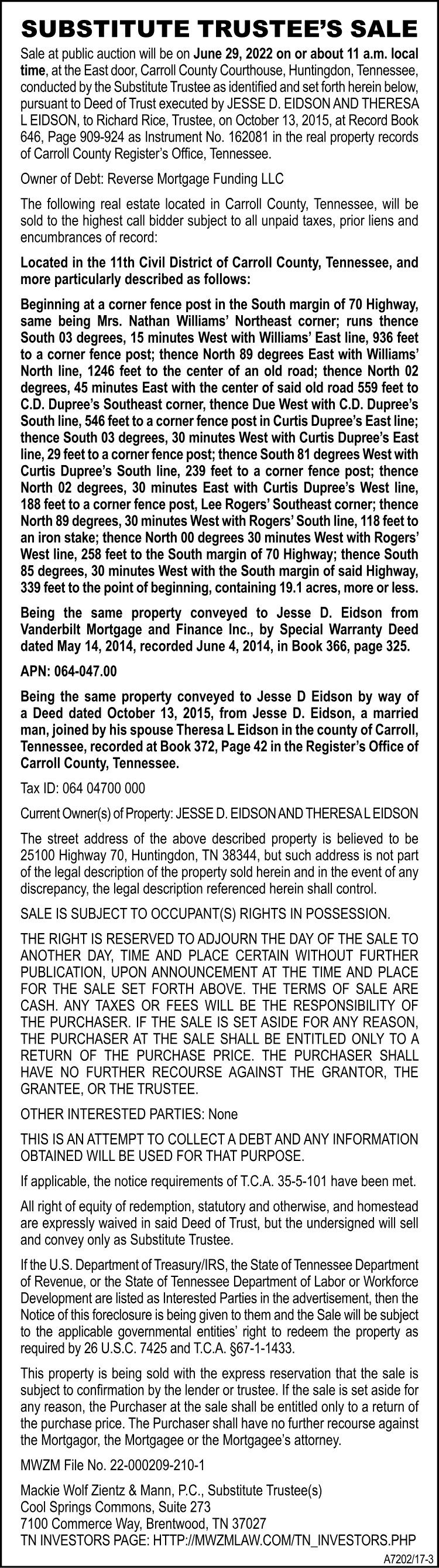 Substitute Trustees Sale - EIDSON