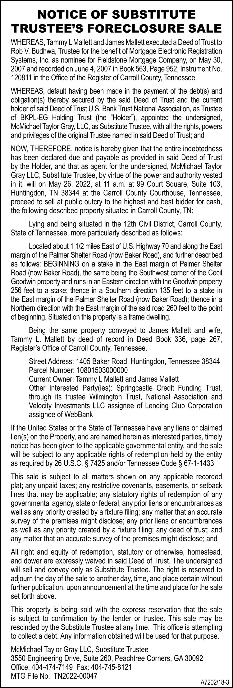 Notice of Substitute Trustee - MALLETT