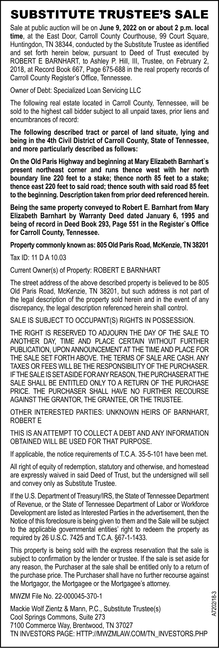 Substitute Trustee Sale - BARNHART