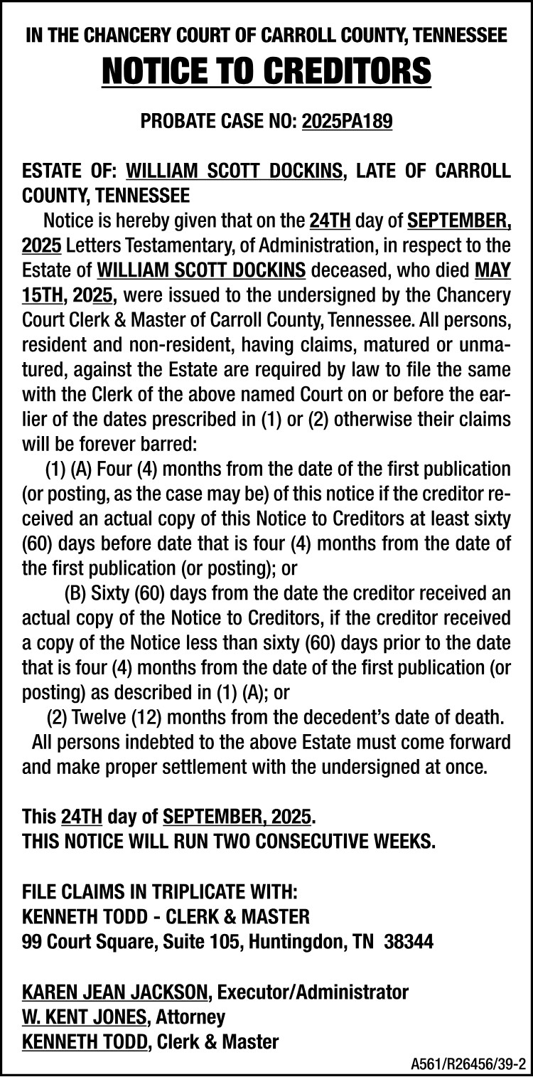 Notice to Creditors - DOCKINS