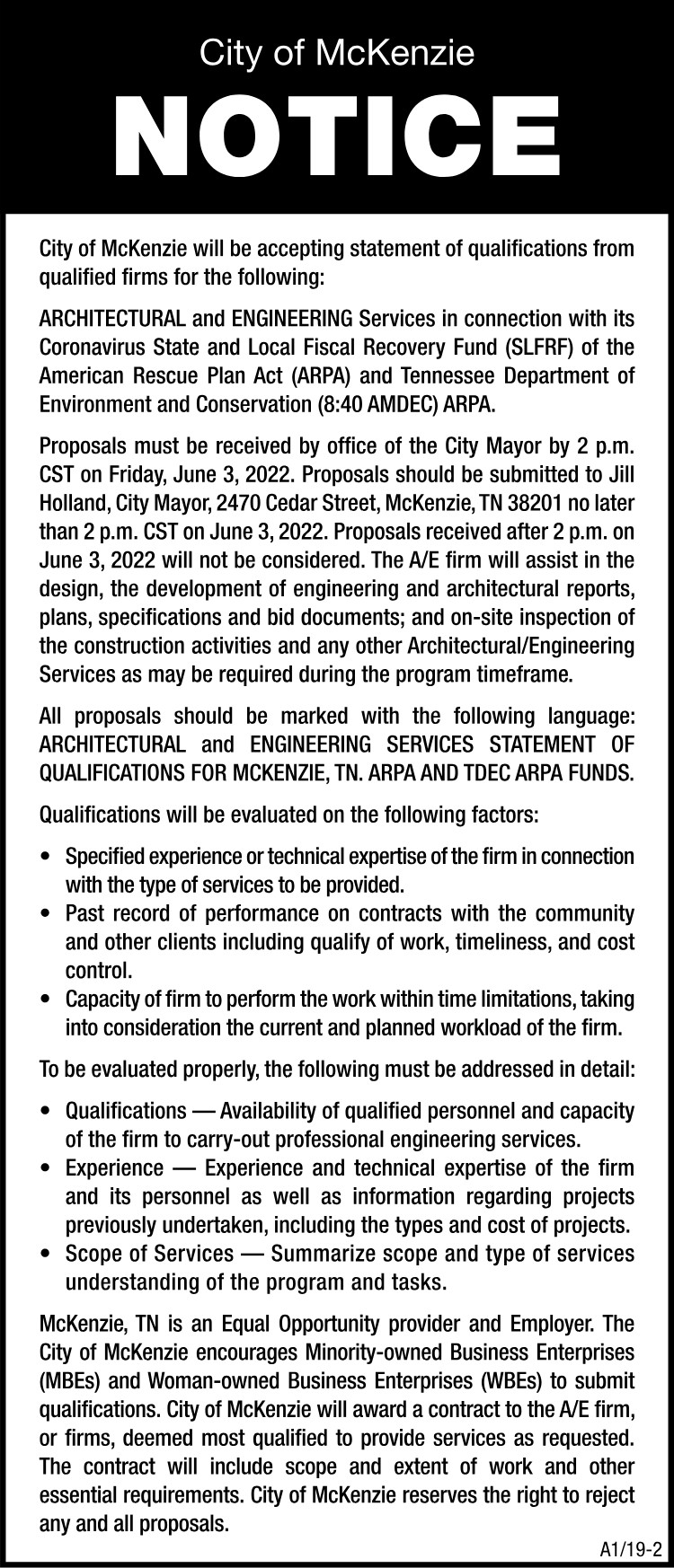 Notice - City of McKenzie ARPA