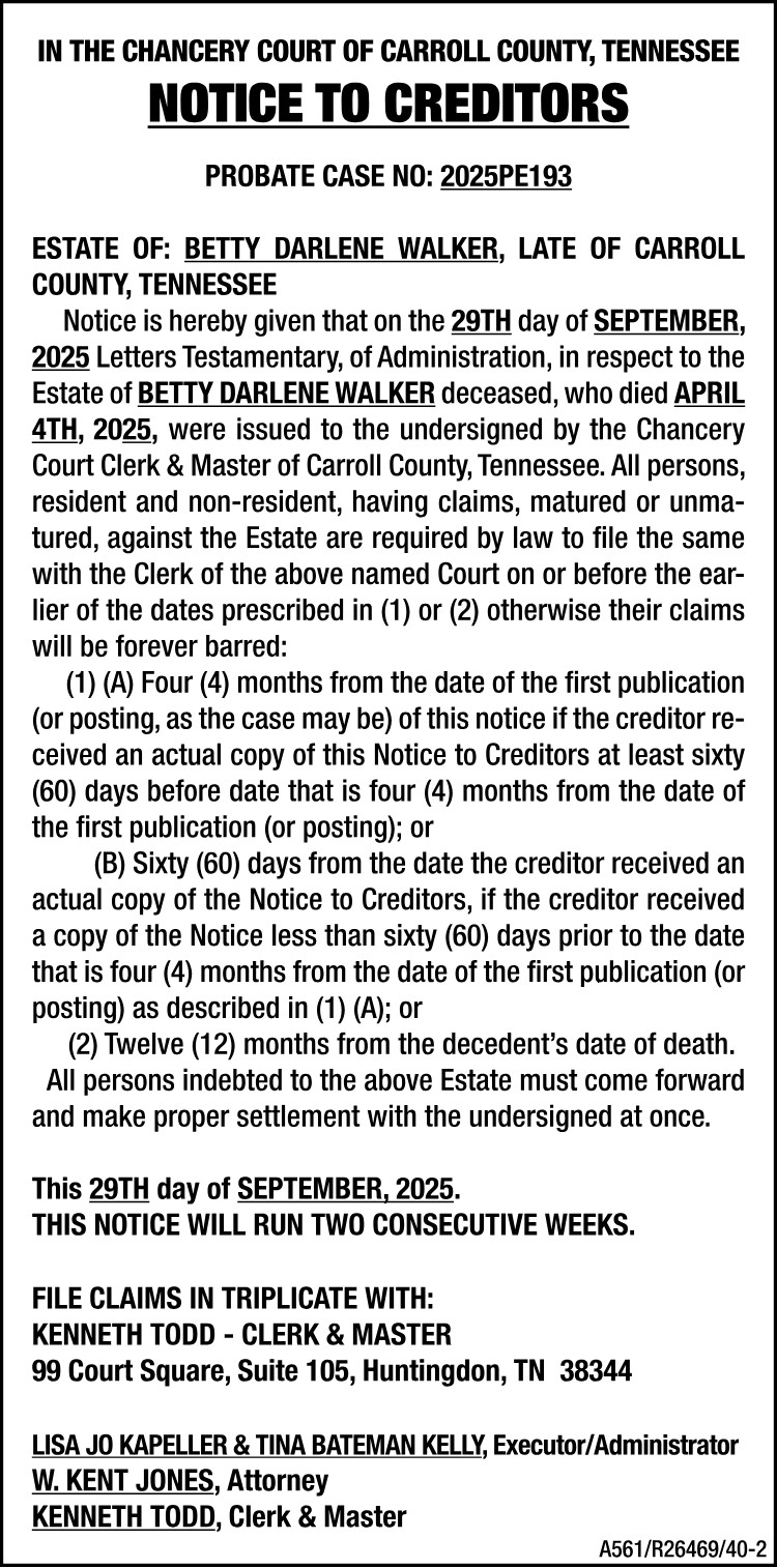 Notice to Creditors - WALKER