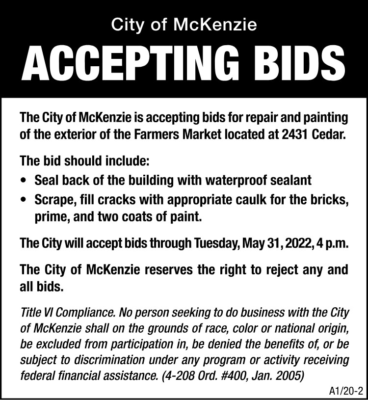 City of McKenzie Accepting Bids - Farmers Market Repair