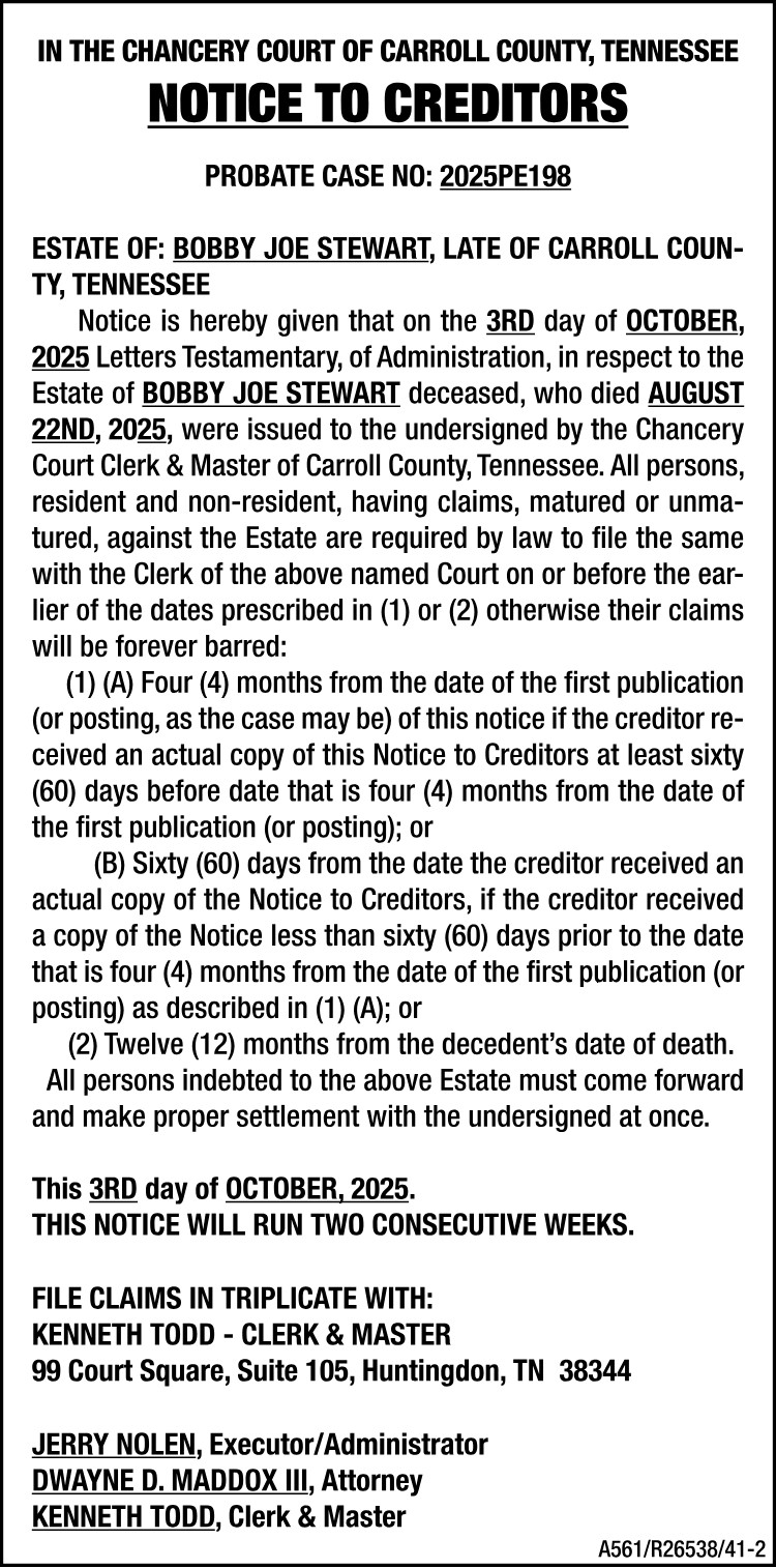 Notice to Creditors - STEWART
