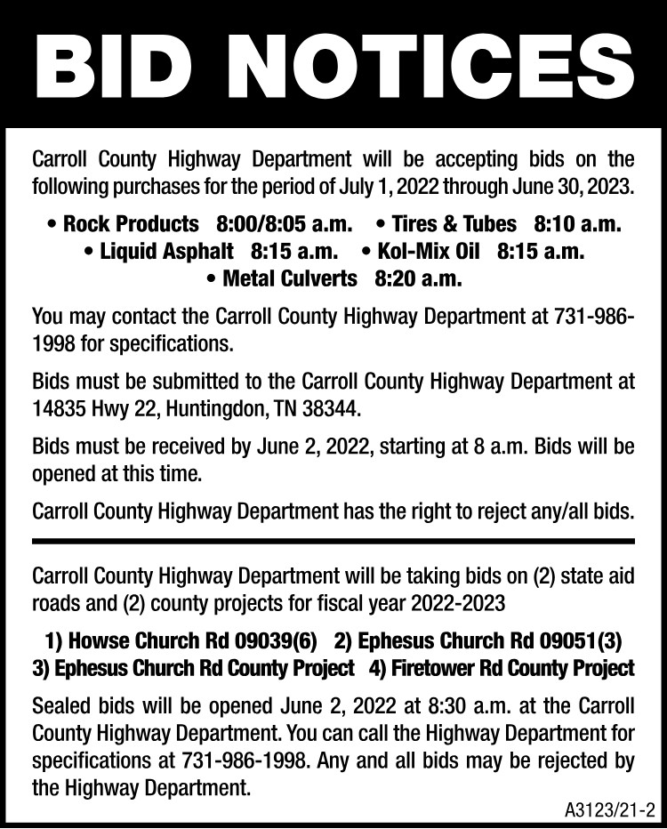 Bid Notice - Carroll County Hwy Dept