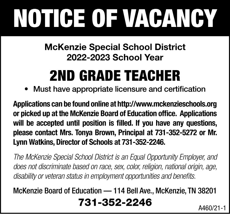 Notice of Vacancy - 2nd Grade Teacher