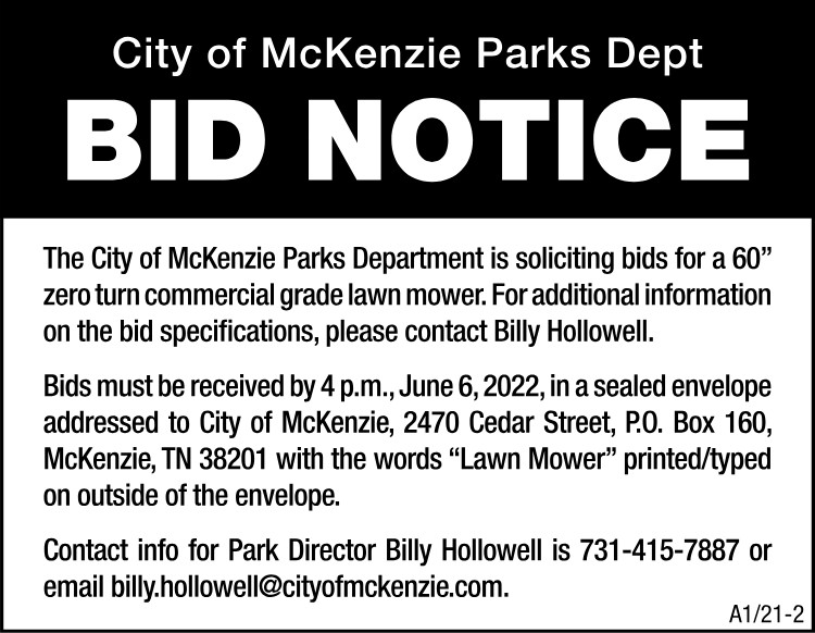 Bid Notice - City of McKenzie Parks Lawn Mower