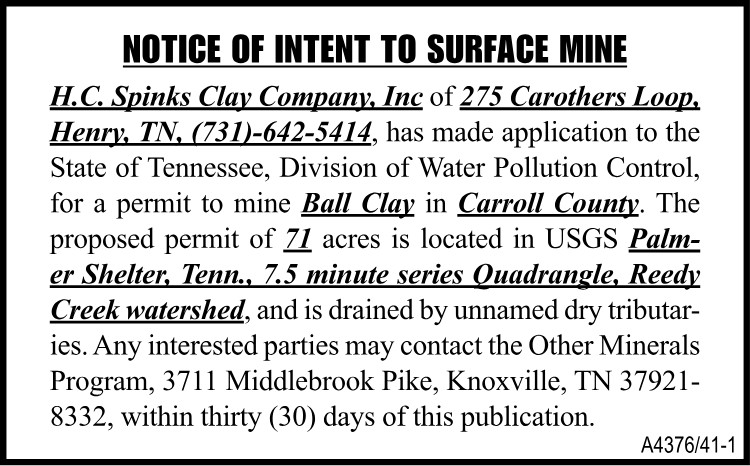 Notice of Intent to Surface Mine - HC Spinks Clay