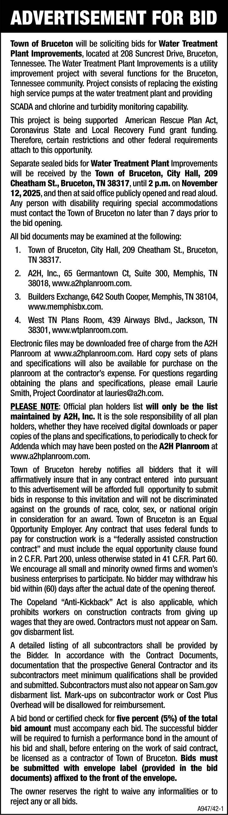 Advertisements for Bids - Town of Bruceton