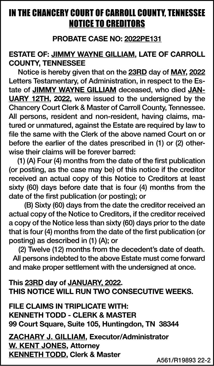 Notice to Creditors - Gilliam