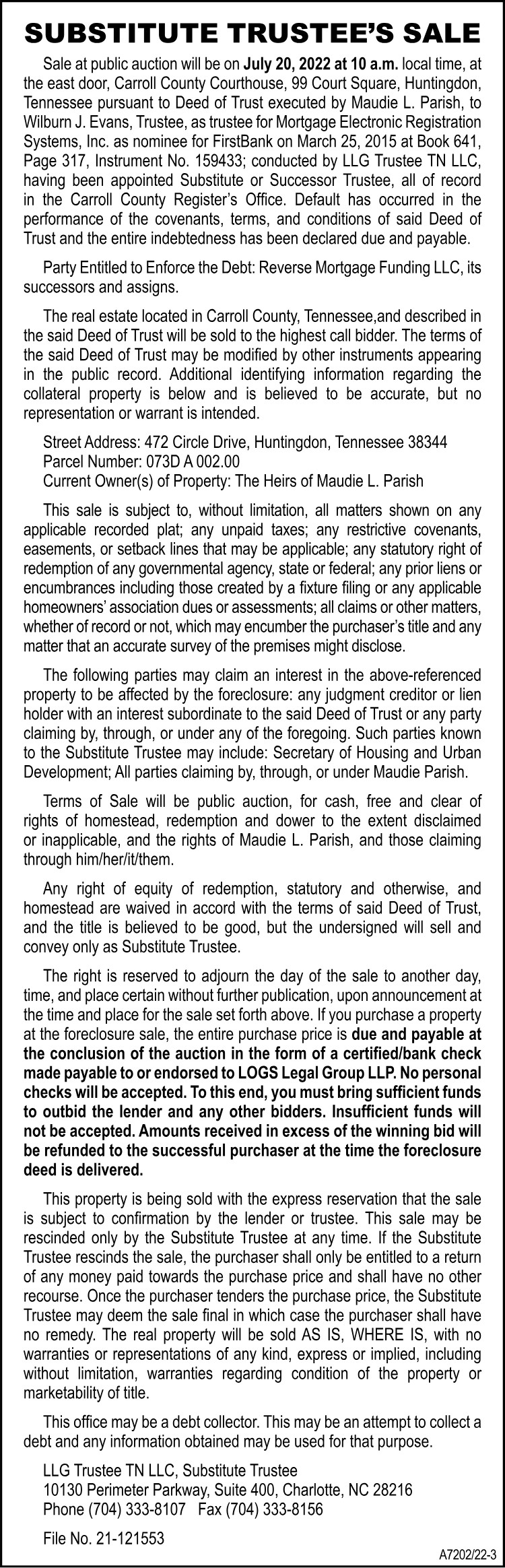 Substitute Trustee Sale - PARISH
