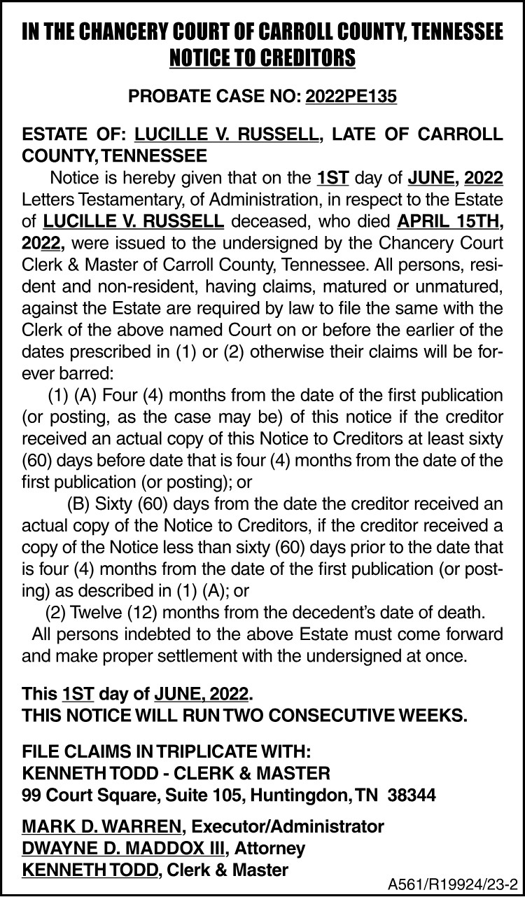 Notice to Creditors - RUSSELL