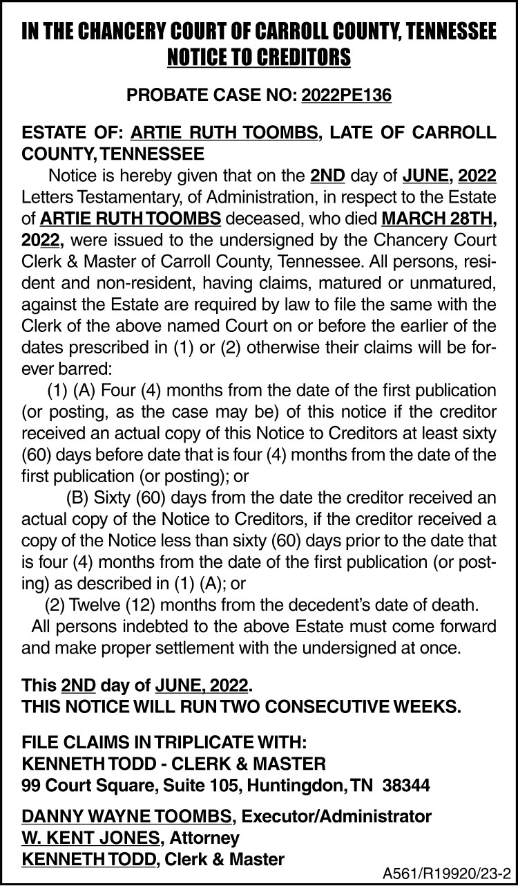 Notice to Creditors - TOOMBS