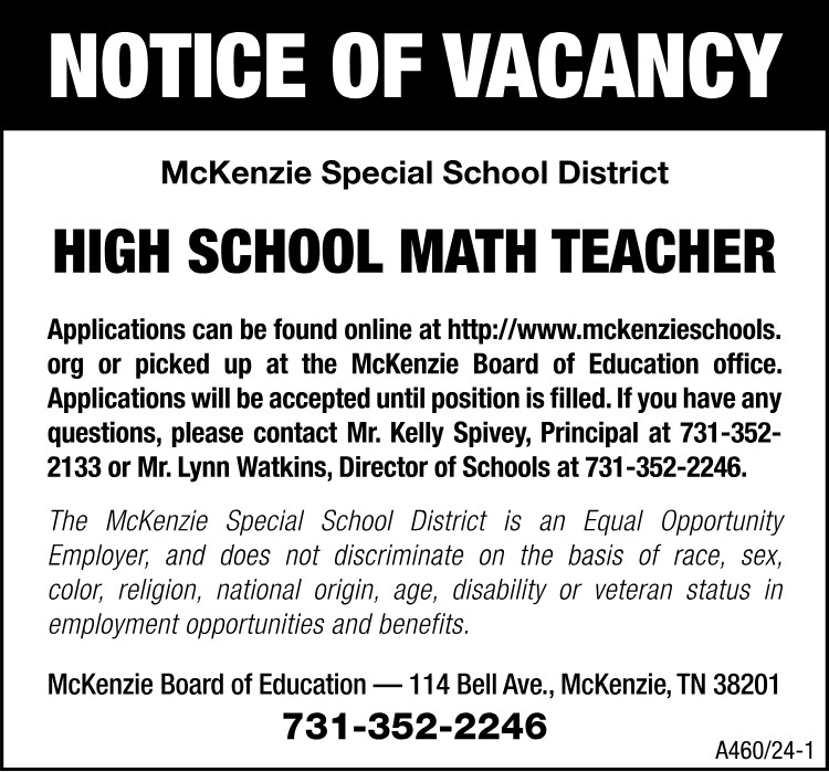 Notice of Vacancy - High School Math Teacher