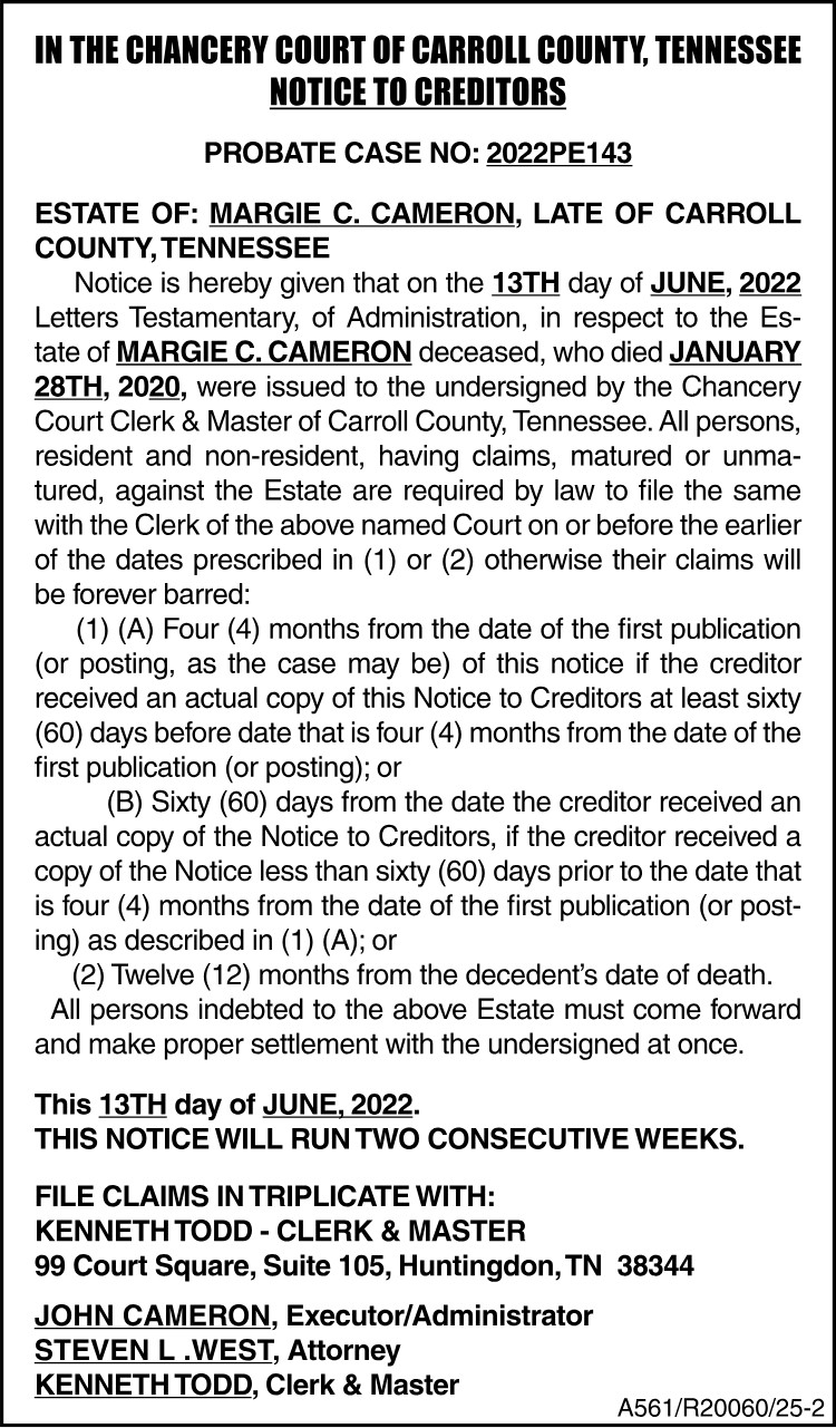 Notice to Creditors - CAMERON