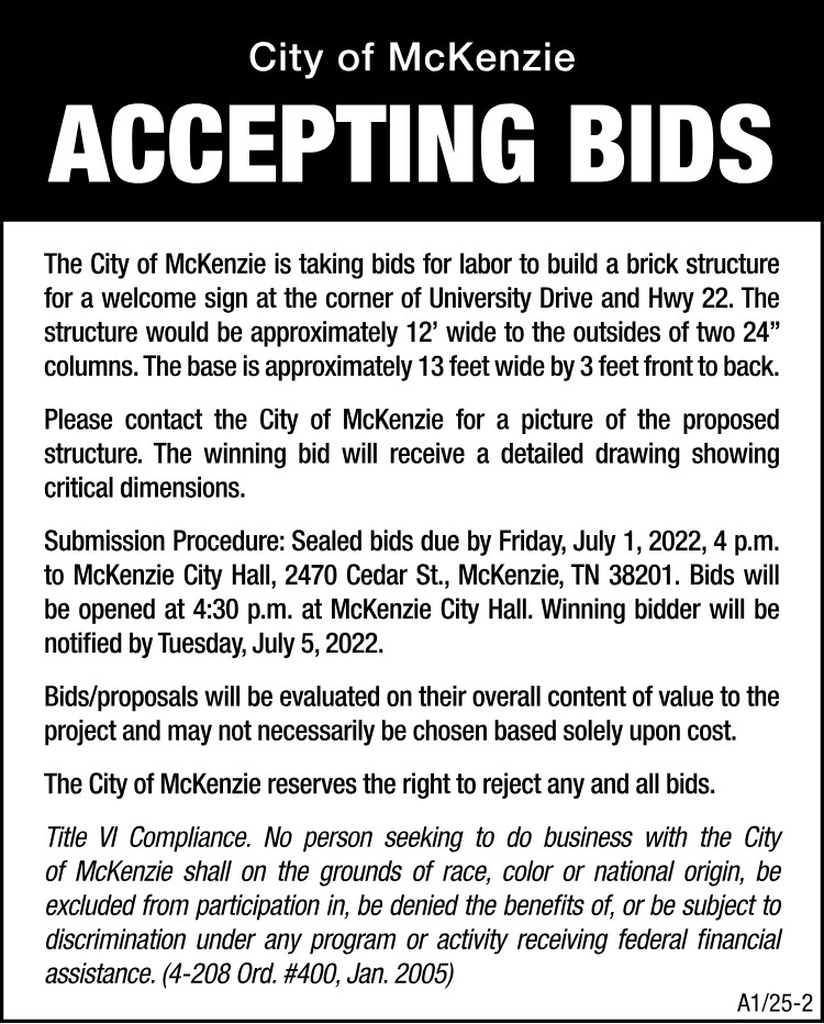 City of McKenzie - Bids for Brick Welcome Sign
