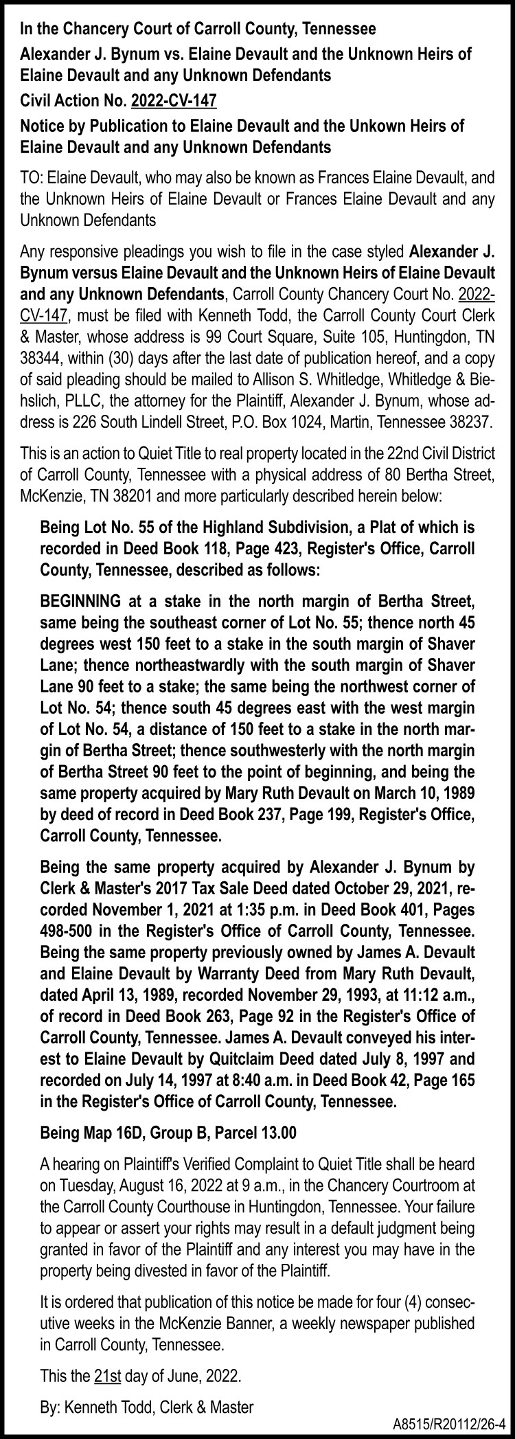 Notice of Publication - BYNUM vs DEVAULT