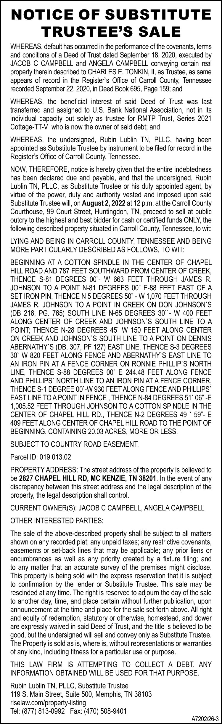 Notice of Substitute Trustee Sale - CAMPBELL