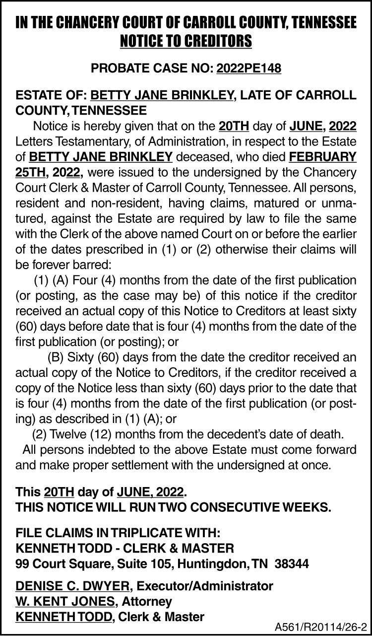 Notice to Creditors - BRINKLEY