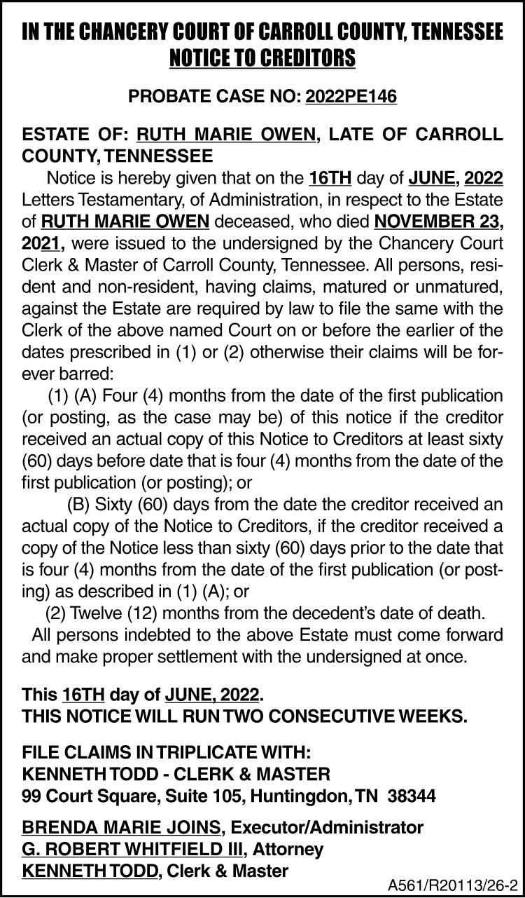 Notice to Creditors - OWEN