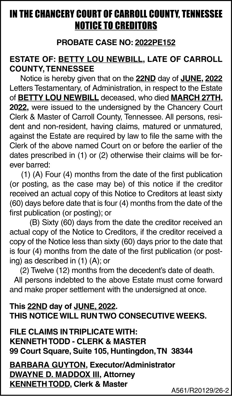 Notice to Creditors - NEWBILL