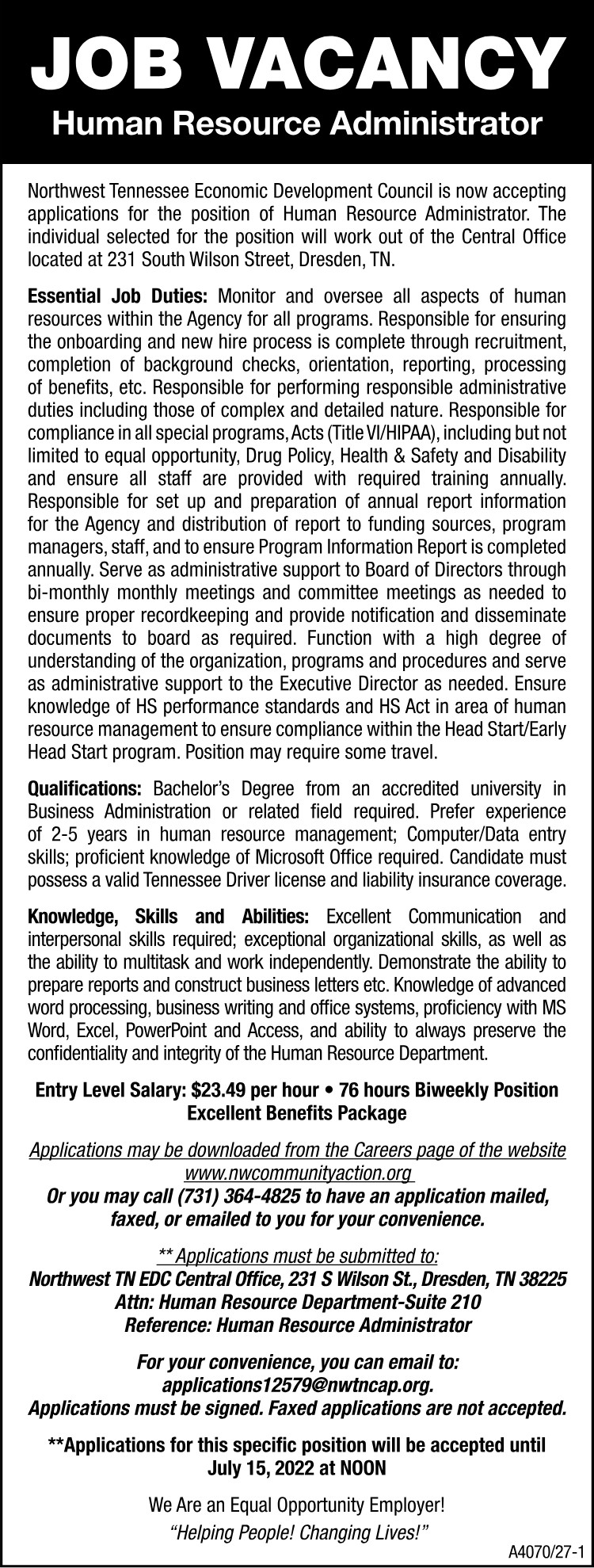 NWTN Economic Development Council - Job Vacancy Human Resource Administrator