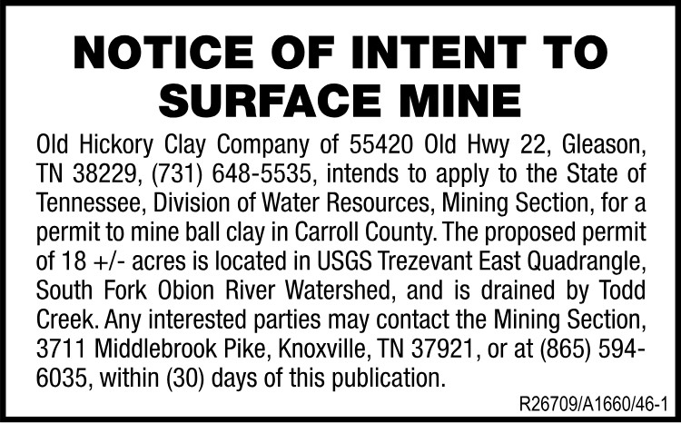 Notice of Intent to Surface Mine - Old Hickory Clay