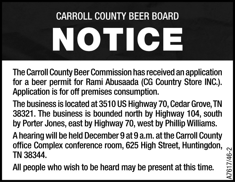 Notice - Carroll County Beer Permit
