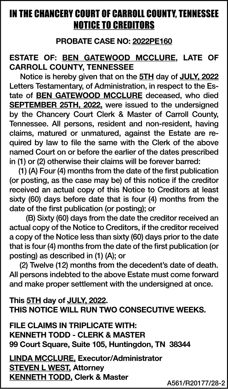 Notice to Creditors - McCLURE