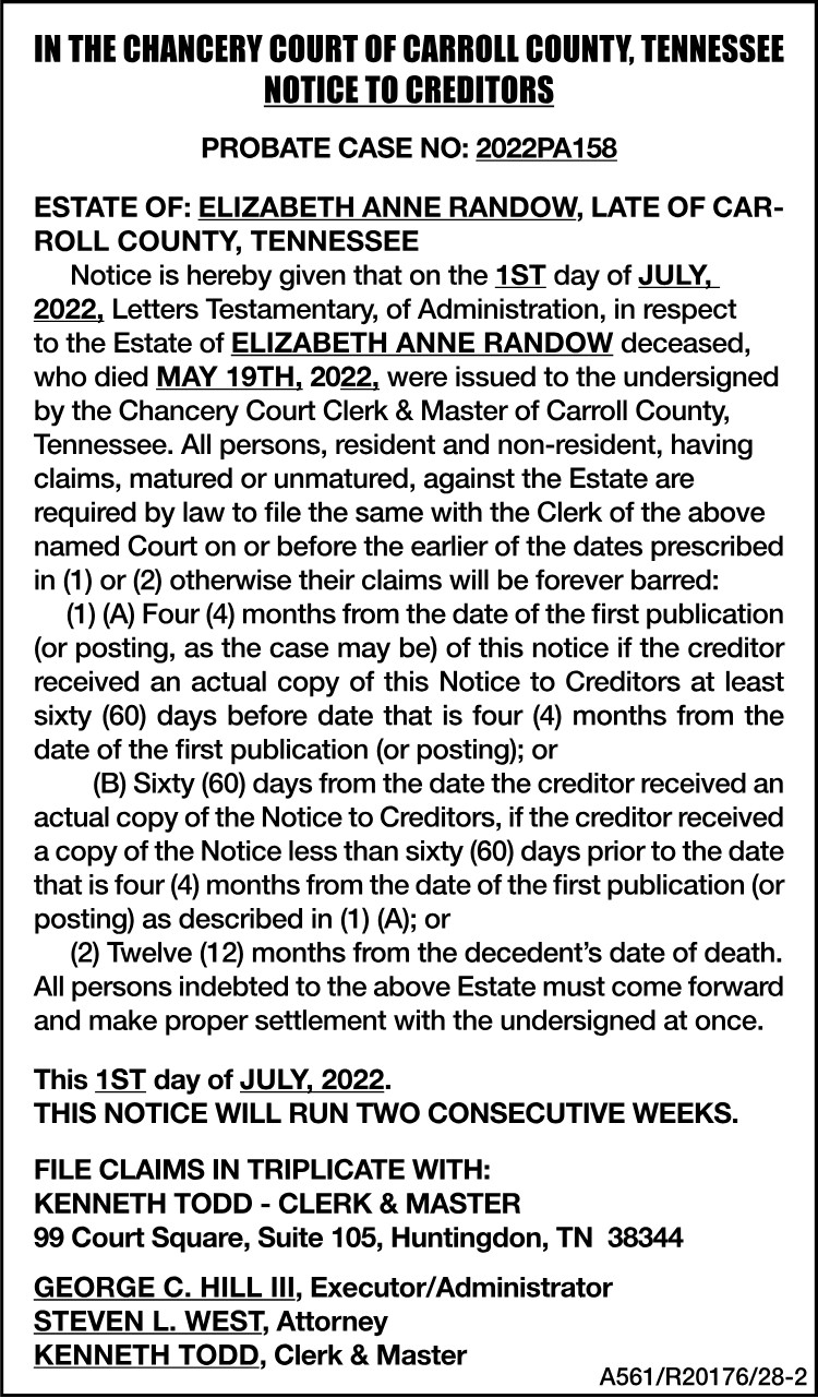 Notice to Creditors - RANDOW